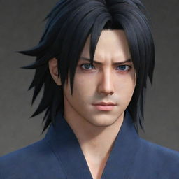 Create an image of the character Sasuke with long hair, swept to the left side of his face. He's not wearing a headband but donning a robe, and his eyes are jet black.