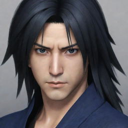 Create an image of the character Sasuke with long hair, swept to the left side of his face. He's not wearing a headband but donning a robe, and his eyes are jet black.