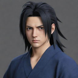 Create an image of the character Sasuke with long hair, swept to the left side of his face. He's not wearing a headband but donning a robe, and his eyes are jet black.