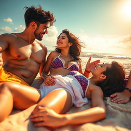 An alluring beach scene featuring Kareena Kapoor lying gracefully on the soft sand, enjoying the sun