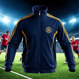 A vibrant sports jacket for a federation, featuring elegant gold accents