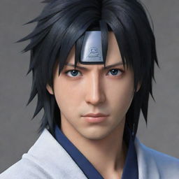 Create an image of the character Sasuke with long hair, swept to the left side of his face. He's not wearing a headband but donning a robe, and his eyes are jet black. Be sure that he has no mustache.