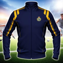 A vibrant sports jacket for a federation, featuring elegant gold accents