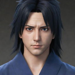 Create an image of the character Sasuke with long hair, swept to the left side of his face. He's not wearing a headband but donning a robe, and his eyes are jet black. Be sure that he has no mustache.