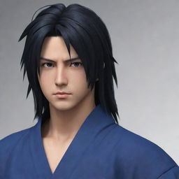 Create an image of the character Sasuke with long hair, swept to the left side of his face. He's not wearing a headband but donning a robe, and his eyes are jet black. Be sure that he has no mustache.