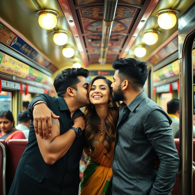 A vibrant and playful scene inside an Indian train, featuring Kareena Kapoor kissing two charming men, all three exuding confidence and allure