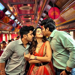 A vibrant and playful scene inside an Indian train, featuring Kareena Kapoor kissing two charming men, all three exuding confidence and allure