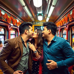 A vibrant and playful scene inside an Indian train, featuring Kareena Kapoor kissing two charming men, all three exuding confidence and allure