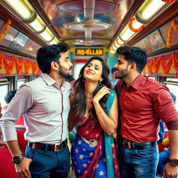 A vibrant and playful scene inside an Indian train, featuring Kareena Kapoor kissing two charming men, all three exuding confidence and allure