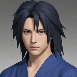 Create an image of the character Sasuke with long hair, swept to the left side of his face. He's not wearing a headband but donning a robe, and his eyes are jet black. Be sure that he has no mustache.