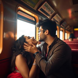 An intimate scene set inside an Indian train, featuring Kareena Kapoor sharing a passionate kiss with a charming co-passenger