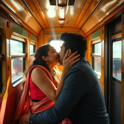 An intimate scene set inside an Indian train, featuring Kareena Kapoor sharing a passionate kiss with a charming co-passenger