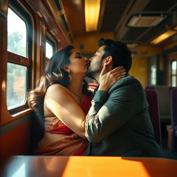 An intimate scene set inside an Indian train, featuring Kareena Kapoor sharing a passionate kiss with a charming co-passenger