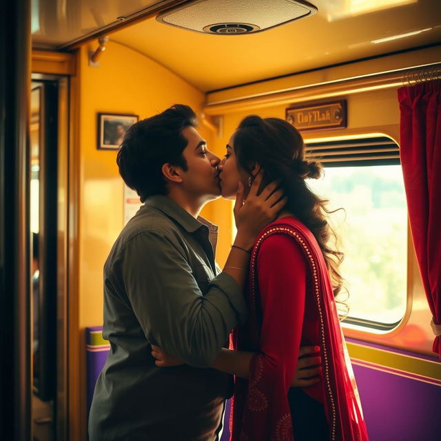 An intimate scene set inside an Indian train, featuring Kareena Kapoor sharing a passionate kiss with a charming co-passenger