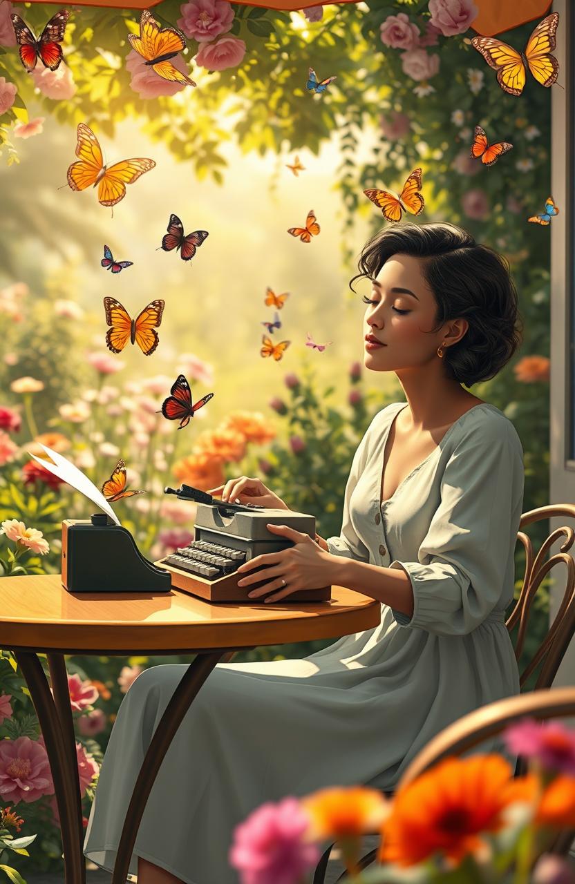 A serene and whimsical scene depicting a vibrant author sitting at a sunny outdoor café table, surrounded by fluttering butterflies in various colors