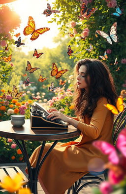 A serene and whimsical scene depicting a vibrant author sitting at a sunny outdoor café table, surrounded by fluttering butterflies in various colors