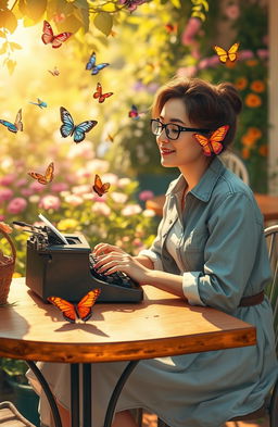 A serene and whimsical scene depicting a vibrant author sitting at a sunny outdoor café table, surrounded by fluttering butterflies in various colors