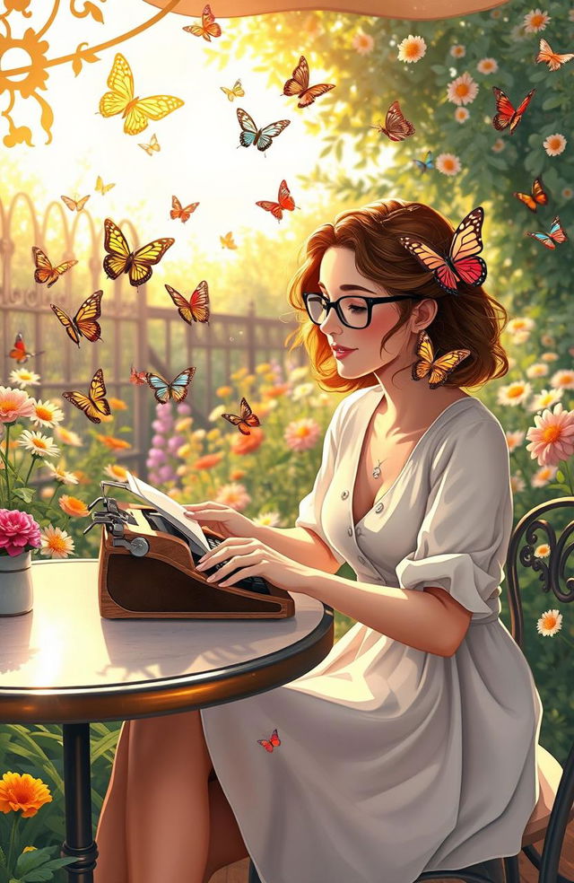 A serene and whimsical scene depicting a vibrant author sitting at a sunny outdoor café table, surrounded by fluttering butterflies in various colors