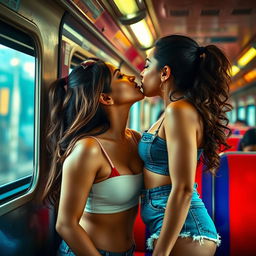 A sensual scene inside an Indian train, showcasing Kareena Kapoor engaging in a passionate kiss with an attractive co-passenger who is styled in a trendy denim shorts and a fitted crop top
