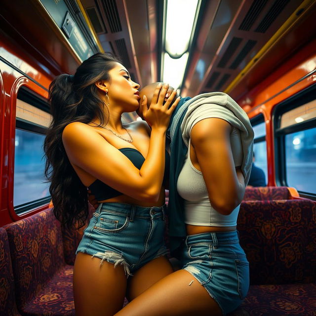 A sensual scene inside an Indian train, showcasing Kareena Kapoor engaging in a passionate kiss with an attractive co-passenger who is styled in a trendy denim shorts and a fitted crop top