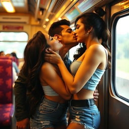 A sensual scene inside an Indian train, showcasing Kareena Kapoor engaging in a passionate kiss with an attractive co-passenger who is styled in a trendy denim shorts and a fitted crop top