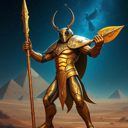 A scarab humanoid figure standing proud and powerful, wielding a long spear with intricate designs