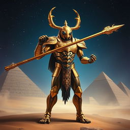 A scarab humanoid figure standing proud and powerful, wielding a long spear with intricate designs