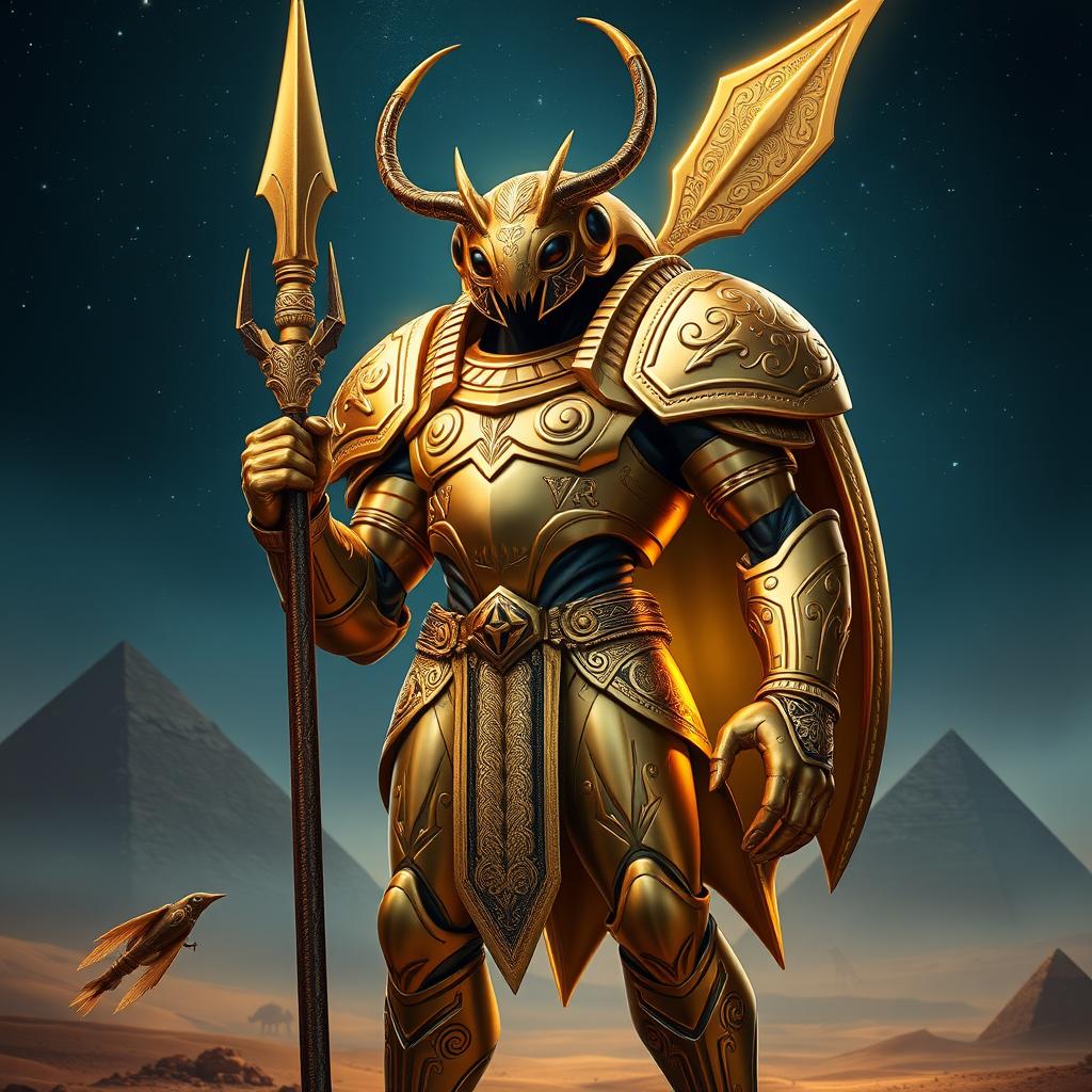 A scarab humanoid figure standing proud and powerful, wielding a long spear with intricate designs