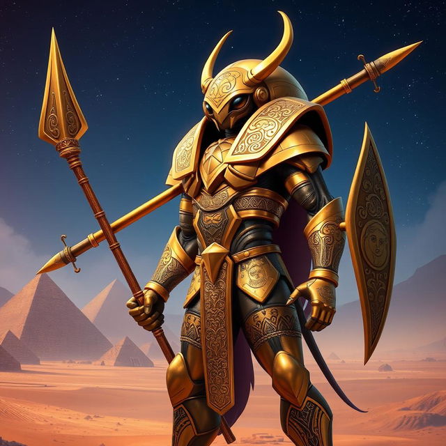 A scarab humanoid figure standing proud and powerful, wielding a long spear with intricate designs