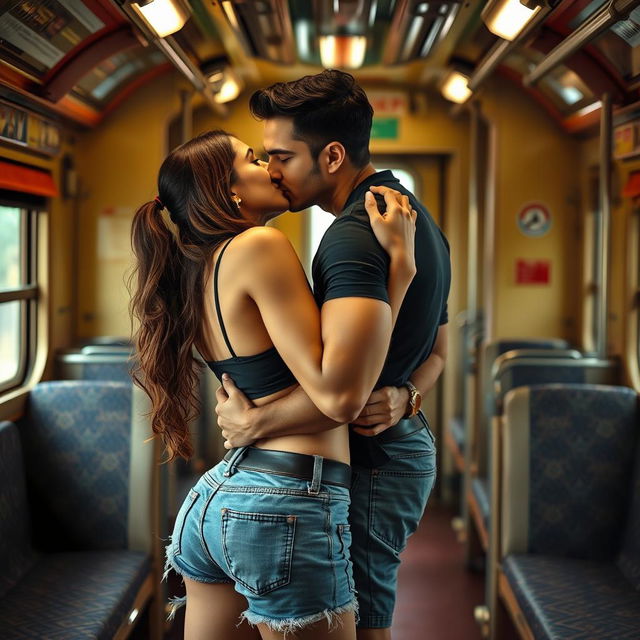 A sensual scene inside an Indian train, featuring Kareena Kapoor sharing an intimate kiss with a handsome man dressed in stylish denim shorts and a fitted crop top