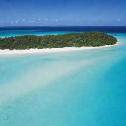 A large, tropical island with diverse flora, white sandy beaches, surrounded by crystal clear turquoise water