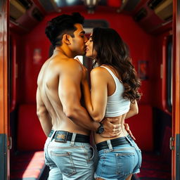 A sensual scene inside an Indian train, featuring Kareena Kapoor locking lips with a handsome man clad in trendy denim shorts and a stylish crop top