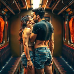 A sensual scene inside an Indian train, featuring Kareena Kapoor locking lips with a handsome man clad in trendy denim shorts and a stylish crop top