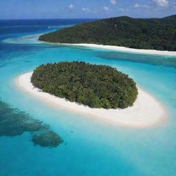 A large, tropical island with diverse flora, white sandy beaches, surrounded by crystal clear turquoise water