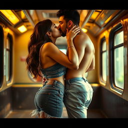 A sensual scene inside an Indian train, featuring Kareena Kapoor locking lips with a handsome man clad in trendy denim shorts and a stylish crop top