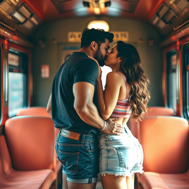 A sensual scene inside an Indian train, featuring Kareena Kapoor locking lips with a handsome man clad in trendy denim shorts and a stylish crop top