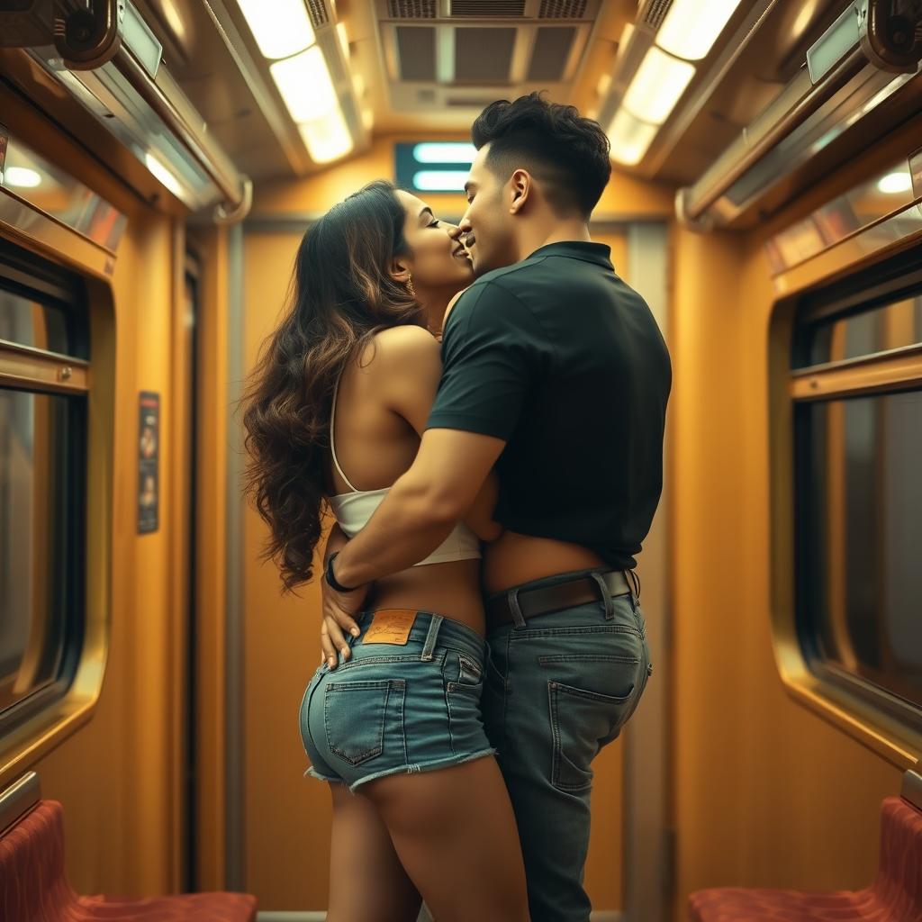 A sensual scene inside an Indian train, featuring Kareena Kapoor sharing a passionate kiss with a man dressed in stylish denim shorts and a trendy crop top