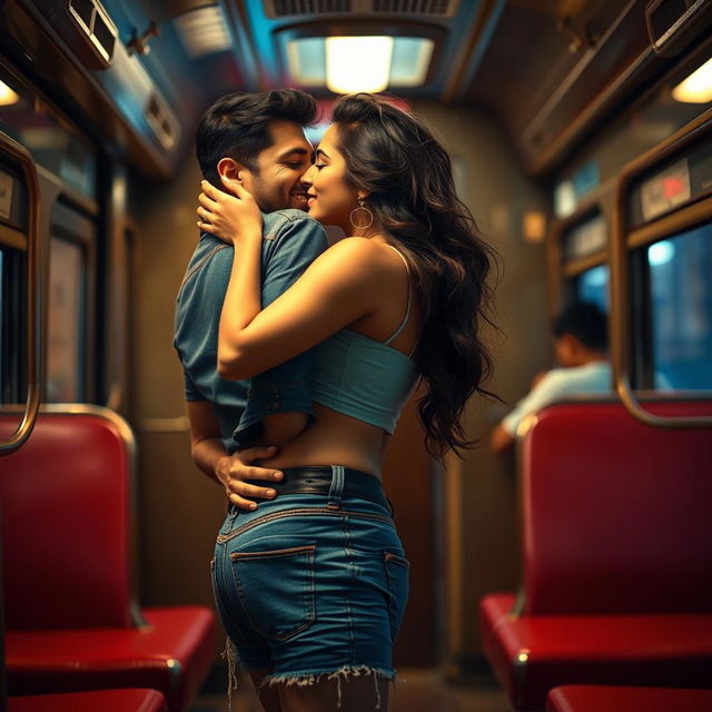 A sensual scene inside an Indian train, featuring Kareena Kapoor sharing a passionate kiss with a man dressed in stylish denim shorts and a trendy crop top