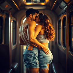 A sensual scene inside an Indian train, featuring Kareena Kapoor sharing a passionate kiss with a man dressed in stylish denim shorts and a trendy crop top