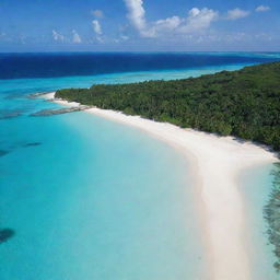 A large, tropical island with diverse flora, white sandy beaches, surrounded by crystal clear turquoise water