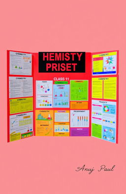 A vibrant and detailed chemistry project display board for Class 11, featuring an assortment of colorful charts and diagrams related to chemistry concepts and experiments