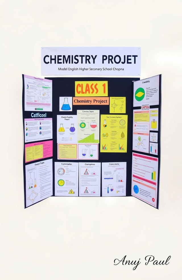 A vibrant and detailed chemistry project display board for Class 11, featuring an assortment of colorful charts and diagrams related to chemistry concepts and experiments