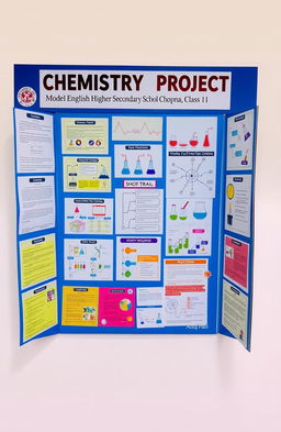 A vibrant and detailed chemistry project display board for Class 11, featuring an assortment of colorful charts and diagrams related to chemistry concepts and experiments