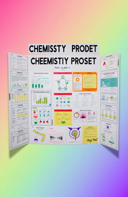 A vibrant and detailed chemistry project display board for Class 11, featuring an assortment of colorful charts and diagrams related to chemistry concepts and experiments