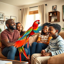 A heartwarming family scene set in a cozy living room featuring a black bald dad, a lovely black mom, their black teen daughter, and their black preteen son