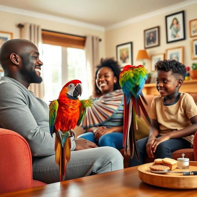 A heartwarming family scene set in a cozy living room featuring a black bald dad, a lovely black mom, their black teen daughter, and their black preteen son