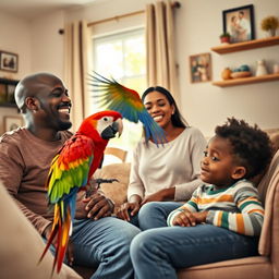 A heartwarming family scene set in a cozy living room featuring a black bald dad, a lovely black mom, their black teen daughter, and their black preteen son