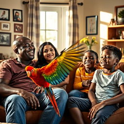 A heartwarming family scene set in a cozy living room featuring a black bald dad, a lovely black mom, their black teen daughter, and their black preteen son