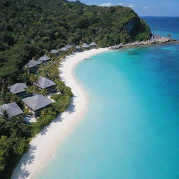 A large, tropical island populated densely with traditional-style homes, equipped with diverse flora, white sandy beaches, and surrounded by crystal clear turquoise water