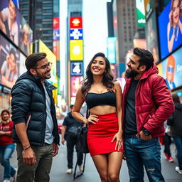 A vibrant scene set in Times Square, featuring Kriti Sanon dressed in a striking red mini skirt paired with a stylish black crop top